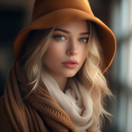Fashion portrait of a beautiful blonde girl in a hat and scarfの素材
