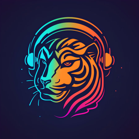 Tiger head with headphones, vector logo template. Headphones iconの素材