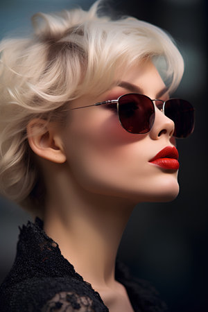 Fashion portrait of beautiful young woman with blond hair and red lips wearing sunglassesの素材