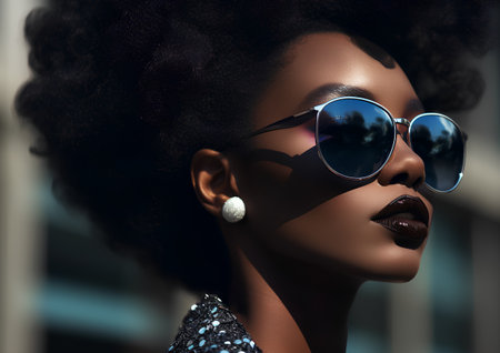 Beautiful african american woman with afro hairstyle and sunglasses. Portrait of fashion model in sunglasses.の素材