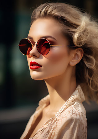 Fashion portrait of beautiful young woman with red lips in sunglasses.の素材