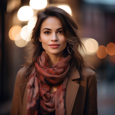 Portrait of a beautiful young brunette woman in a beige coat and red scarf.の素材