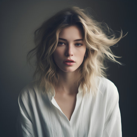 Portrait of a beautiful young woman with blond hair, studio shotの素材