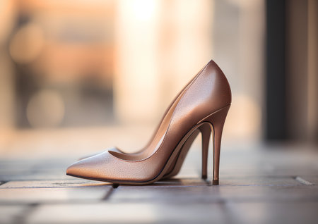 Womens high-heeled shoes on the background of the street.の素材