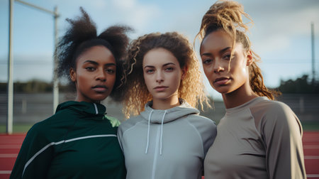 Portrait of three african american women in sportswear on stadiumの素材