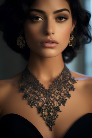 fashion studio photo of gorgeous sensual woman with dark hair in elegant dress and accessoriesの素材