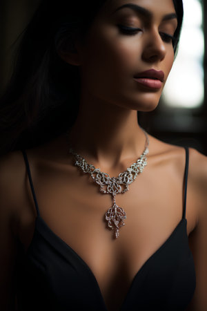 Beautiful woman wearing luxury necklace and earrings. Jewelry store.の素材
