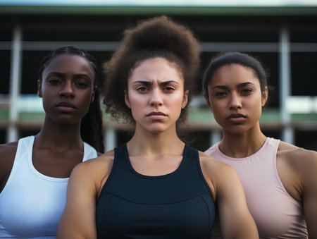 Portrait of tired african american women in sportswear at stadiumの素材