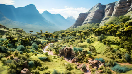 3d render of a fantasy landscape with mountains, trees and riverの素材