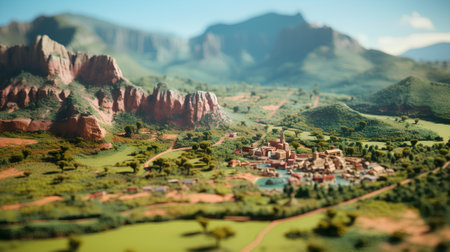 Aerial view of a small village in the mountains. 3d renderingの素材