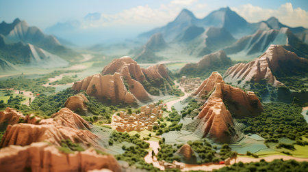 3D rendering of a fantasy landscape with mountains in the background.の素材