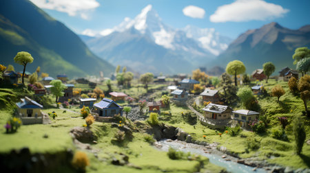 Miniature of a village with mountains in the background. 3d renderingの素材