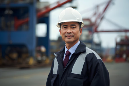 Portrait of mature Asian man engineer wearing safety helmet and looking at camera in port.の素材