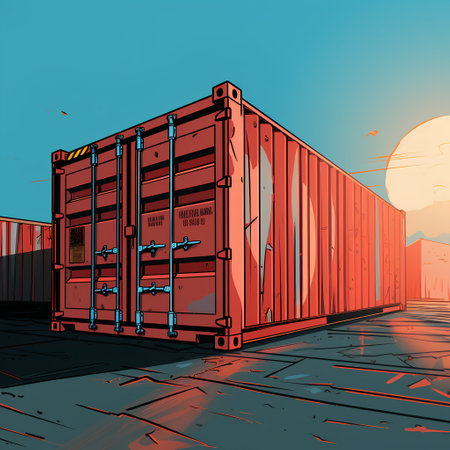 Vector illustration of cargo container on the street at sunset. Logistic concept.の素材