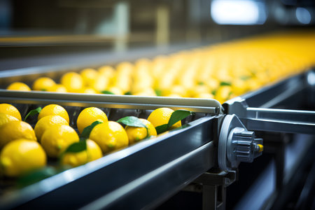 Lemons on conveyor belt in factory. Selective focusの素材
