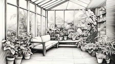 Sketch of the interior of the room with a large window, a sofa, plants and plants.の素材