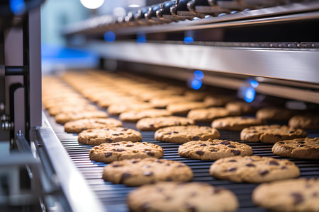 Chocolate chip cookies on the conveyor belt in the factory.の素材