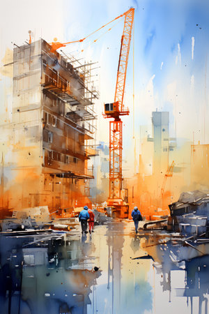 Construction site with cranes and workers. Digital watercolor painting.の素材