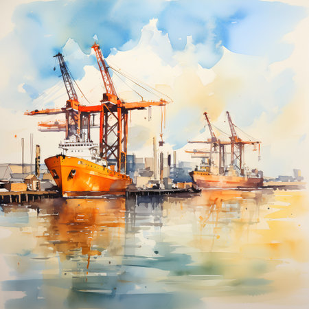 Industrial seaport with cranes and ships, watercolor illustrationの素材