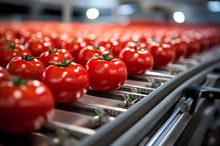 Cherry tomatoes on conveyor belt in factory. Selective focusの素材