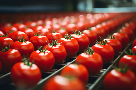 Rows of red tomatoes in a row on a conveyor beltの素材