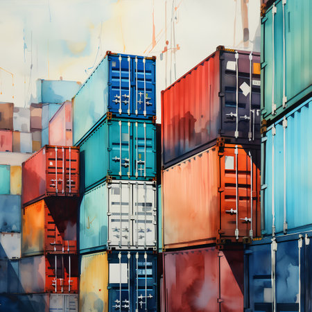 Colorful cargo containers in the port. Freight transportation background.の素材