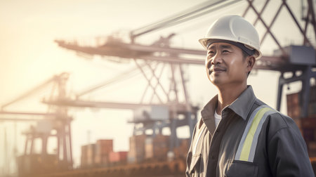 Portrait of asian senior engineer wearing safety helmet and working with cargo port backgroundの素材