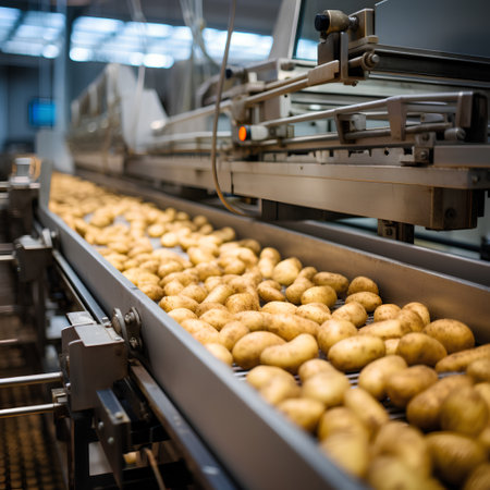 Potatoes on a conveyor belt in the factory. Industrial backgroundの素材