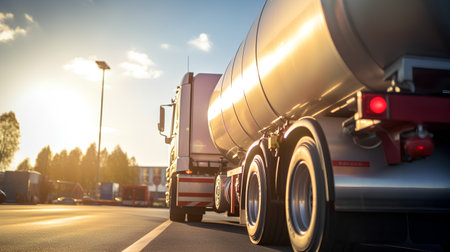 truck with a tank on the background of the road at sunsetの素材