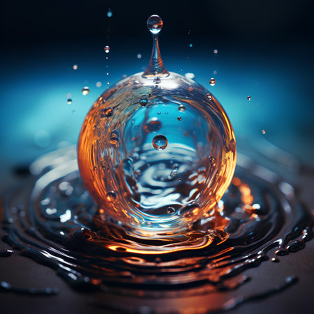 Falling drops of water. Splash effect after collision a falling drops with water Surfaceの素材
