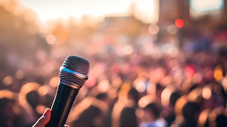 Microphone in hand on concert stage background with bokeh lightの素材