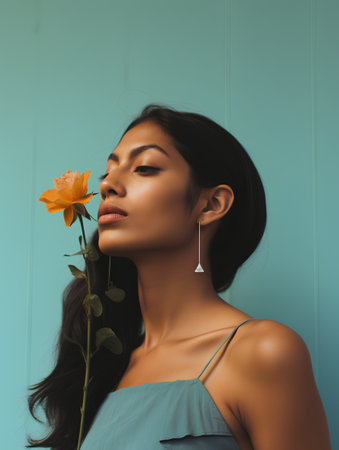 beautiful young asian woman with yellow rose on turquoise backgroundの素材