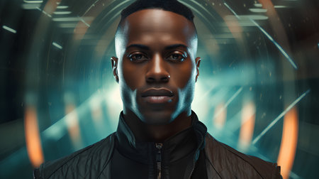 Portrait of a handsome african american man on futuristic background.の素材
