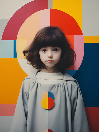Portrait of a little girl in a white coat on a colorful backgroundの素材