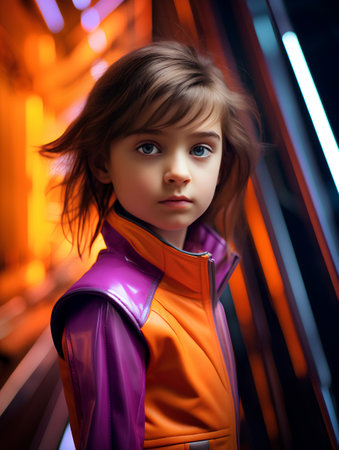 3d rendering of a beautiful little girl in a futuristic environment.の素材