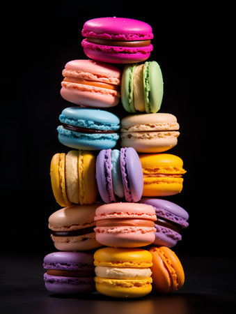 Colorful macaroons stacked in a pyramid on a black backgroundの素材