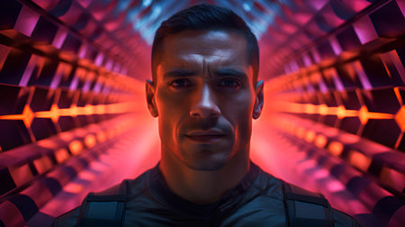 Portrait of a futuristic man in a neon tunnel. Cyberpunk style.の素材