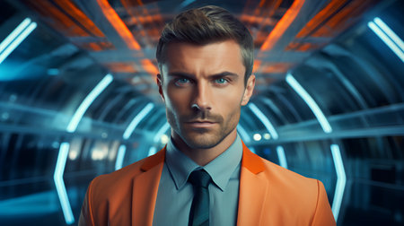 Portrait of a handsome young man in an orange suit. Men's beauty, fashion.の素材