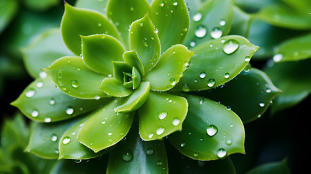 Water droplets on the leaves of succulent plant after rain.の素材