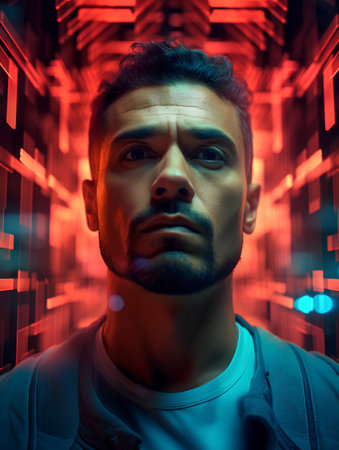 Portrait of a handsome young man in a futuristic style. The concept of cyberpunk.の素材