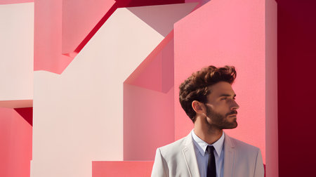side view of handsome young man in white jacket looking away on pink backgroundの素材