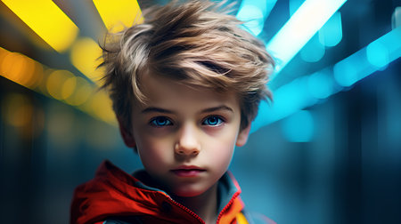 Portrait of a boy with bright blue eyes and a red jacket.の素材