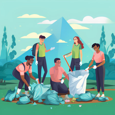 Volunteers collecting garbage in the park. Flat vector illustration.の素材