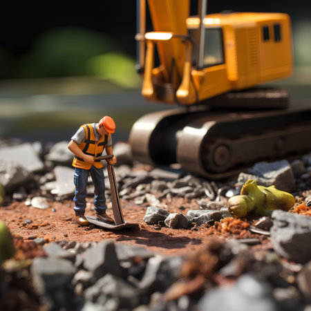 Miniature construction worker with excavator on the background. Construction concept.の素材