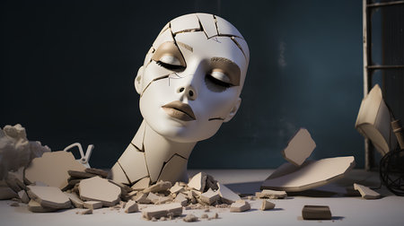 3d illustration of a woman's face with broken glass on a dark backgroundの素材