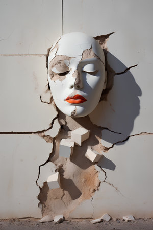 White mask with red lips in cracked concrete wall. Conceptual image.の素材