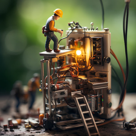 Miniature people engineer working with electrical equipment on the construction site.の素材