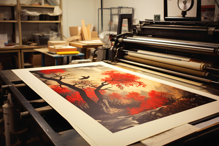 Printing a picture on a roll machine in a printing studio.の素材