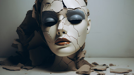 Beautiful woman face with creative make-up and crumpled paperの素材