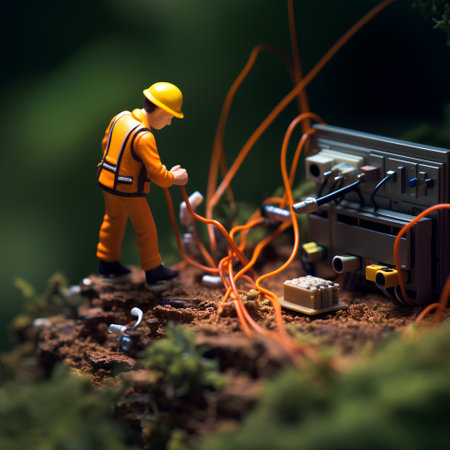 Miniature people engineer with electrical equipment on green background. Engineer concept.の素材